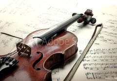Samolepka flie 145 x 100, 63221798 - Old scratched violin with sheet music. Vintage style. - Star pokrban housle s notami. Prastar styl.
