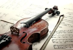 Samolepka flie 145 x 100, 63221798 - Old scratched violin with sheet music. Vintage style.