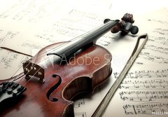 Fototapeta184 x 128  Old scratched violin with sheet music. Vintage style., 184 x 128 cm