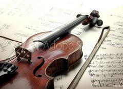 Samolepka flie 200 x 144, 63221798 - Old scratched violin with sheet music. Vintage style.