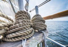 Fototapeta174 x 120  Wooden pulley and ropes on old yacht., 174 x 120 cm