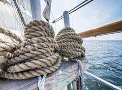 Fototapeta360 x 266  Wooden pulley and ropes on old yacht., 360 x 266 cm