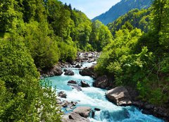 Samolepka flie 200 x 144, 63640355 - Vivid Swiss landscape with  pure river stream