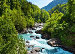 Samolepka flie 200 x 144, 63640355 - Vivid Swiss landscape with  pure river stream - iv vcarsk krajina s istm nm tokem