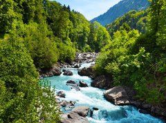 Samolepka flie 270 x 200, 63640355 - Vivid Swiss landscape with  pure river stream