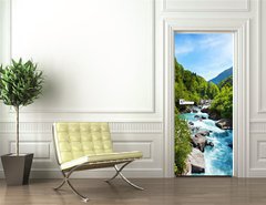 Samolepka na dvee flie 90 x 220  Vivid Swiss landscape with pure river stream, 90 x 220 cm