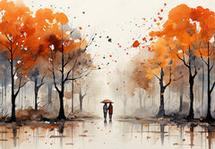 Fototapeta vliesov 145 x 100, 639828122 - a figure with an umbrella in an autumn yellow park with trees on a white background watercolor paint drawing