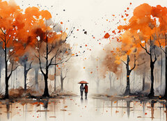 Fototapeta pltno 160 x 116, 639828122 - a figure with an umbrella in an autumn yellow park with trees on a white background watercolor paint drawing