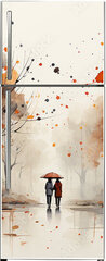 Samolepka na lednici fólie 80 x 200, 639828122 - a figure with an umbrella in an autumn yellow park with trees on a white background watercolor paint drawing