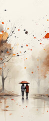Samolepka na dveře fólie 90 x 220, 639828122 - a figure with an umbrella in an autumn yellow park with trees on a white background watercolor paint drawing
