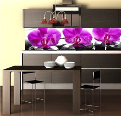 Fototapeta do kuchyn flie 260 x 60  Three orchid flower and stones with reflection in water drops, 260 x 60 cm