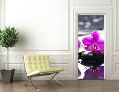 Samolepka na dvee flie 90 x 220  Three orchid flower and stones with reflection in water drops, 90 x 220 cm