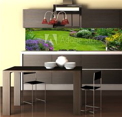 Fototapeta do kuchyn flie 260 x 60, 64923013 - Gartenansicht mit Rasen und Bepflanzung