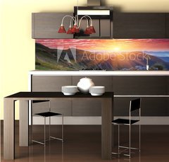 Fototapeta do kuchyn flie 260 x 60, 66580383 - Dawn with flowers in the mountains