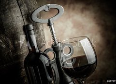 Fototapeta vliesov 100 x 73, 67787115 - wine glass bottle and barrel - vno a sklenice na vno