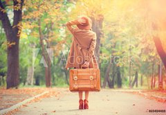 Fototapeta145 x 100  Redhead girl with suitcase in the autumn park., 145 x 100 cm
