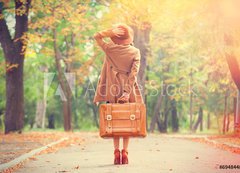Fototapeta vliesov 200 x 144, 69484488 - Redhead girl with suitcase in the autumn park.