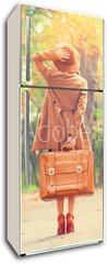 Samolepka na lednici flie 80 x 200  Redhead girl with suitcase in the autumn park., 80 x 200 cm