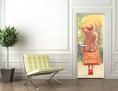 Samolepka na dvee flie 90 x 220  Redhead girl with suitcase in the autumn park., 90 x 220 cm