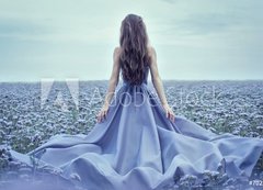 Fototapeta200 x 144  Back view of standing young woman in blue dress, 200 x 144 cm