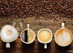 Samolepka flie 100 x 73, 70894369 - Variety of cups of coffee and coffee beans on old wooden table