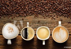 Fototapeta plátno 174 x 120, 70894369 - Variety of cups of coffee and coffee beans on old wooden table - Rozmanitost šálků kávy a kávových zrn na starém dřevěném stole