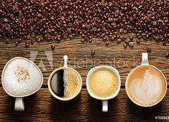 Samolepka flie 200 x 144, 70894369 - Variety of cups of coffee and coffee beans on old wooden table