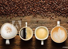 Fototapeta pltno 240 x 174, 70894369 - Variety of cups of coffee and coffee beans on old wooden table