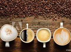 Samolepka flie 270 x 200, 70894369 - Variety of cups of coffee and coffee beans on old wooden table
