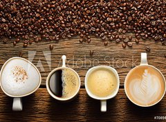 Fototapeta papr 360 x 266, 70894369 - Variety of cups of coffee and coffee beans on old wooden table