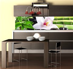 Fototapeta do kuchyn flie 260 x 60  Spa stones, bamboo branches and white orchid, 260 x 60 cm