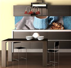 Fototapeta do kuchyně fólie 260 x 60, 71101894 - Cups of coffee with cookies and napkin on wooden table - Šálek kávy s cookies a ubrousek na dřevěném stole