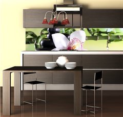 Fototapeta do kuchyn flie 260 x 60, 71191786 - Spa stones and white orchid on table on natural background