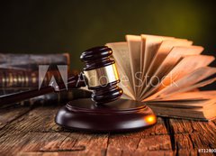Fototapeta200 x 144  Wooden gavel and books on wooden table, law concept, 200 x 144 cm