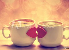 Samolepka flie 100 x 73, 71449240 - Two coffee cups with red hearts as a kissing lips - Dva kvov lky s ervenmi srdci jako lbn rty