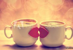 Samolepka flie 145 x 100, 71449240 - Two coffee cups with red hearts as a kissing lips - Dva kvov lky s ervenmi srdci jako lbn rty