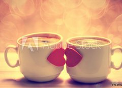 Samolepka flie 200 x 144, 71449240 - Two coffee cups with red hearts as a kissing lips - Dva kvov lky s ervenmi srdci jako lbn rty