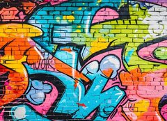 Fototapeta papír 254 x 184, 715124495 - wall scratched with colorful graffiti and drawings. colorful graffiti brick wall urban visual