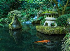 Fototapeta vliesov 100 x 73, 72382315 - A Lantern and Waterfall in the Portland Japanese Garden