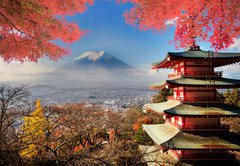 Samolepka flie 145 x 100, 72848283 - Mt. Fuji with fall colors in Japan. - Mt. Fuji s jarnmi barvami v Japonsku.