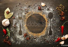 Samolepka flie 145 x 100, 73223520 - Spices on table with cutlery silhouette, close-up - Koen na stl s pbory silueta, zavete