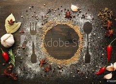 Fototapeta pltno 160 x 116, 73223520 - Spices on table with cutlery silhouette, close-up - Koen na stl s pbory silueta, zavete
