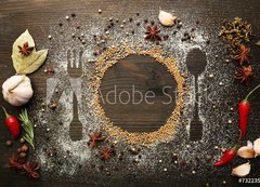 Samolepka flie 200 x 144, 73223520 - Spices on table with cutlery silhouette, close-up