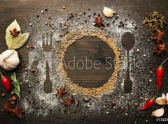 Samolepka flie 270 x 200, 73223520 - Spices on table with cutlery silhouette, close-up