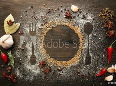 Fototapeta papr 360 x 266, 73223520 - Spices on table with cutlery silhouette, close-up