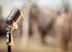 Samolepka flie 200 x 144, 74009701 - Silver vintage microphone in the studio on blured background
