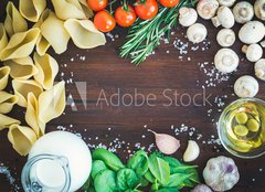 Fototapeta papr 254 x 184, 74036743 - Pasta ingredients: conchiglioni,mushrooms, a jug of cream, olive - Psady tstovin: konchiglioni, houby, dbnek smetany, olivy