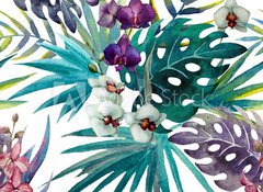 Samolepka flie 100 x 73, 74294366 - pattern orchid hibiscus leaves watercolor tropics - vzorek orchidea ibiek opout vodn barvy trop