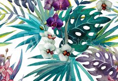Samolepka fólie 145 x 100, 74294366 - pattern orchid hibiscus leaves watercolor tropics - vzorek orchidea ibišek opouští vodní barvy tropů