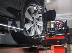 Fototapeta vliesov 100 x 73, 74461674 - Car on stand with sensors on wheels for wheels alignment camber